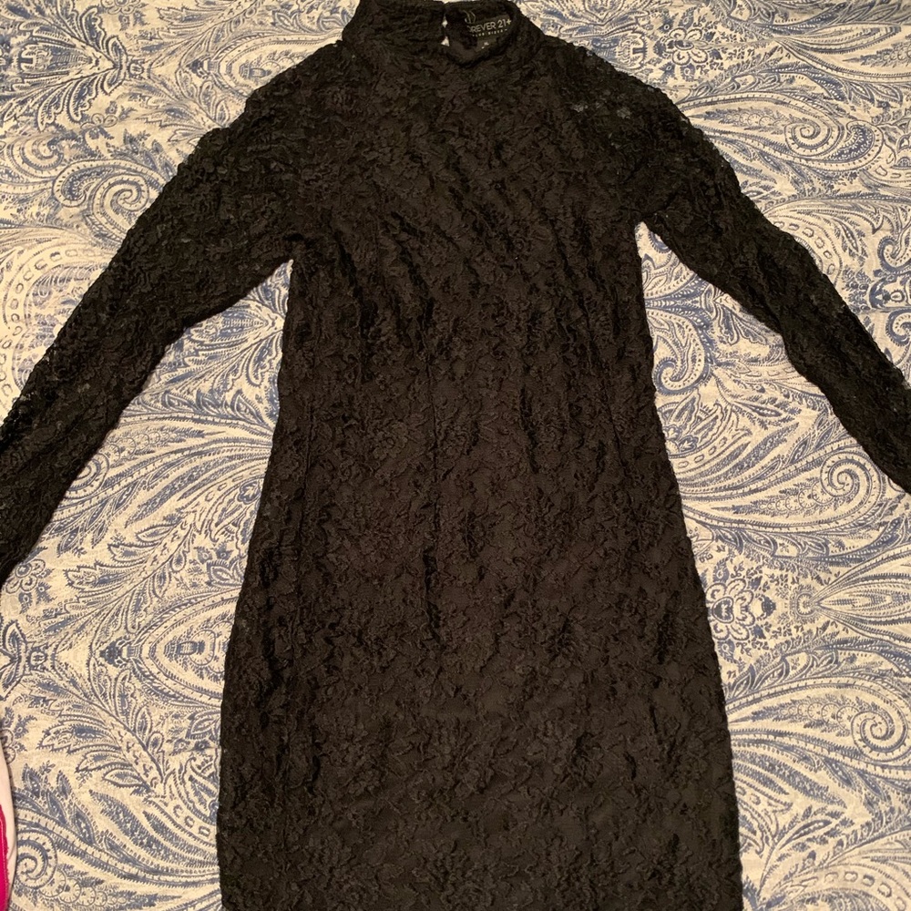 Black lace mock neck long sleeve dress